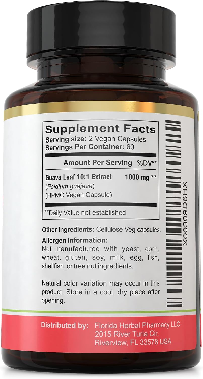 Florida Herbal Pharmacy, Extracto de Hoja de Guayaba 10:1 - 120 Cápsulas, Suministro para Dos Meses
