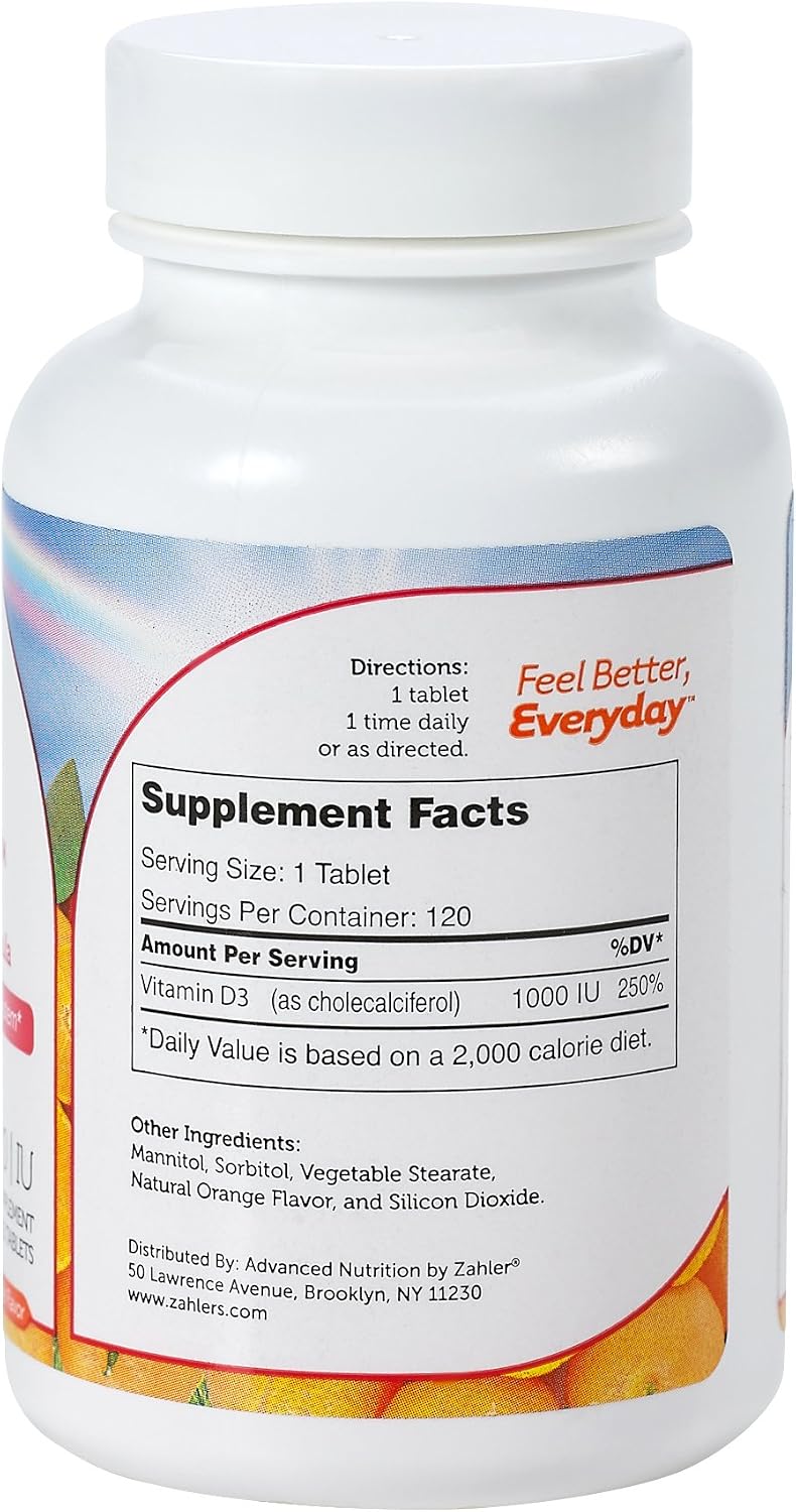 Zahler Junior D3 1000IU – Vitamina D3 Masticable para Niños, 240 Comprimidos
