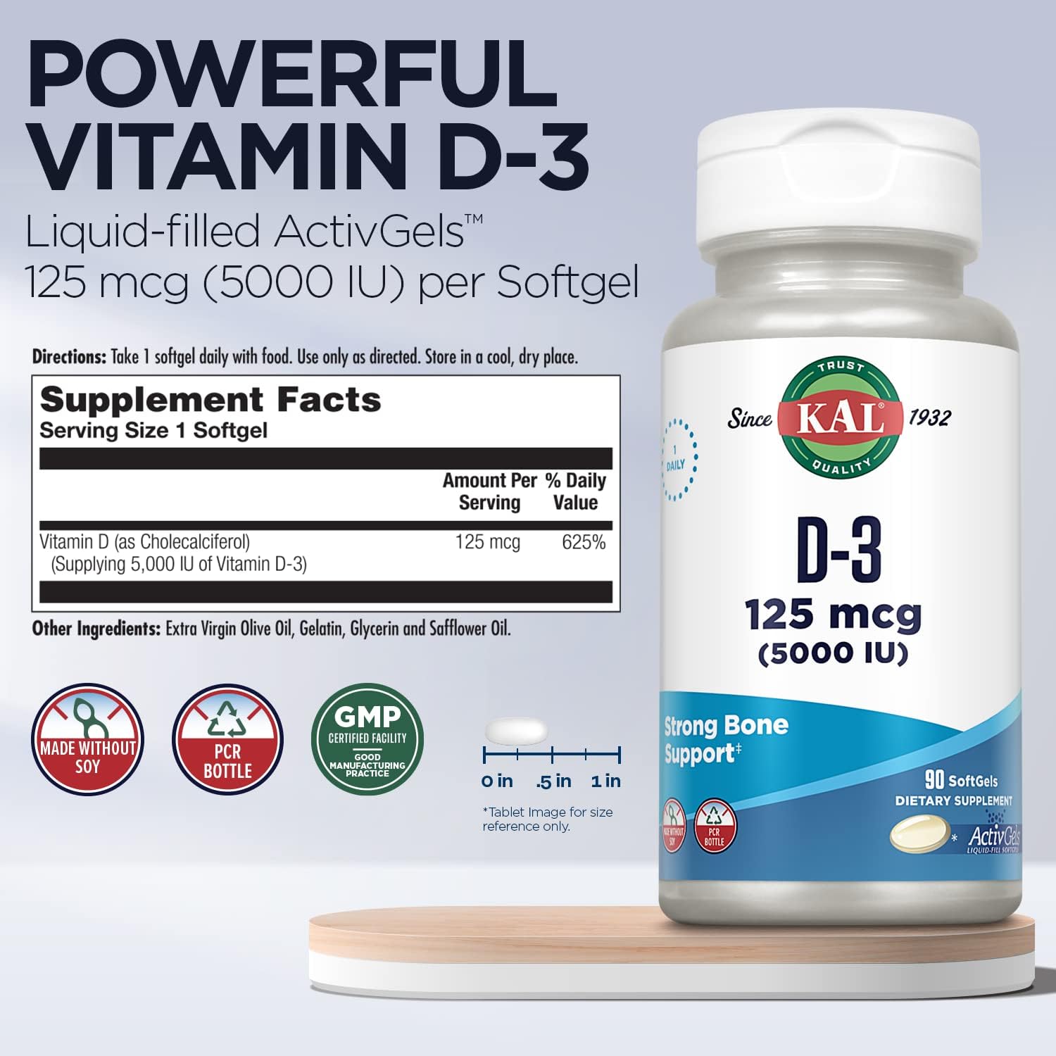 KAL Vitamina D3 5000 UI (125 mcg) - 90 Softgels - Complemento Alimenticio