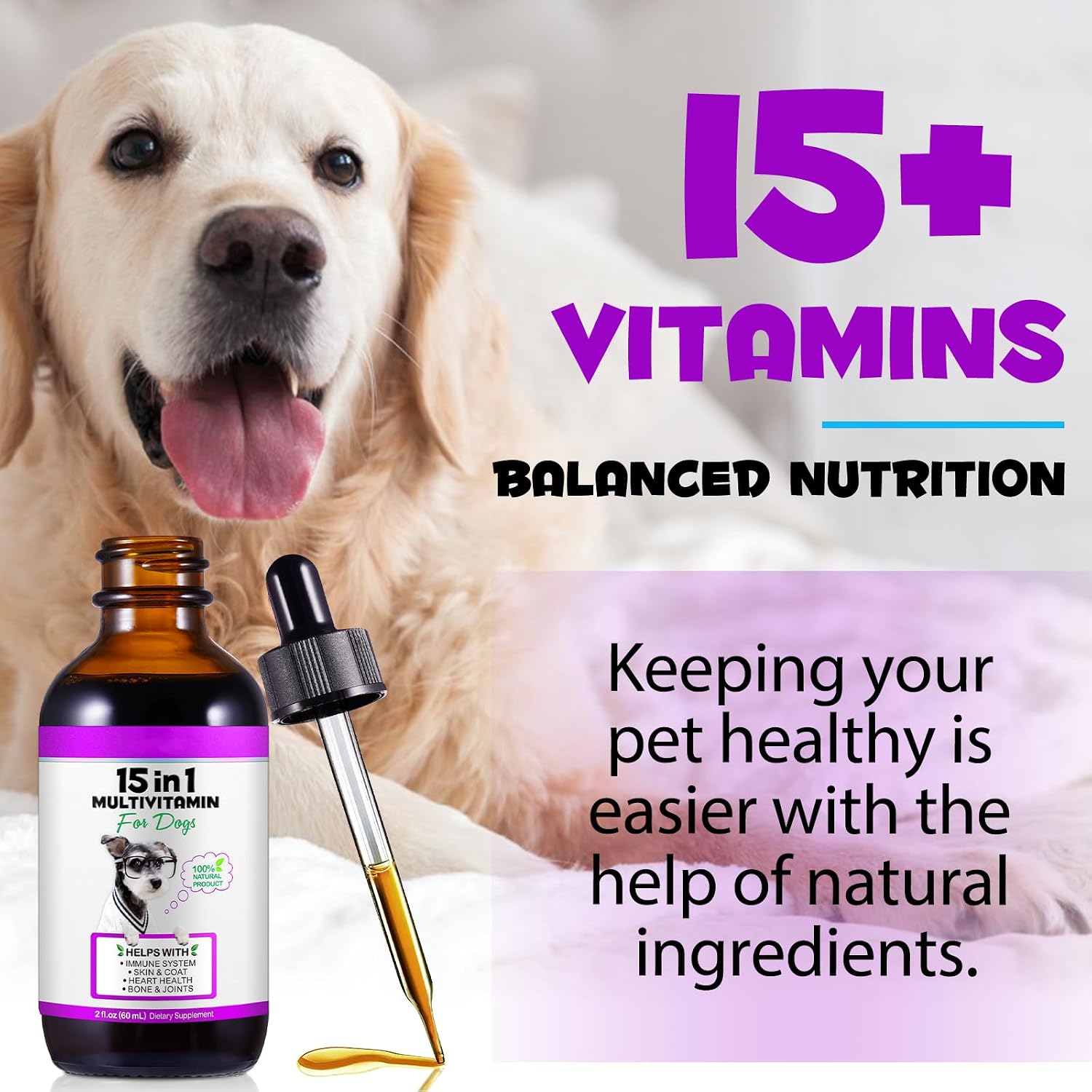 Gotas Multivitamínicas 15 en 1 para Perros | Glucosamina, MSM y Omega