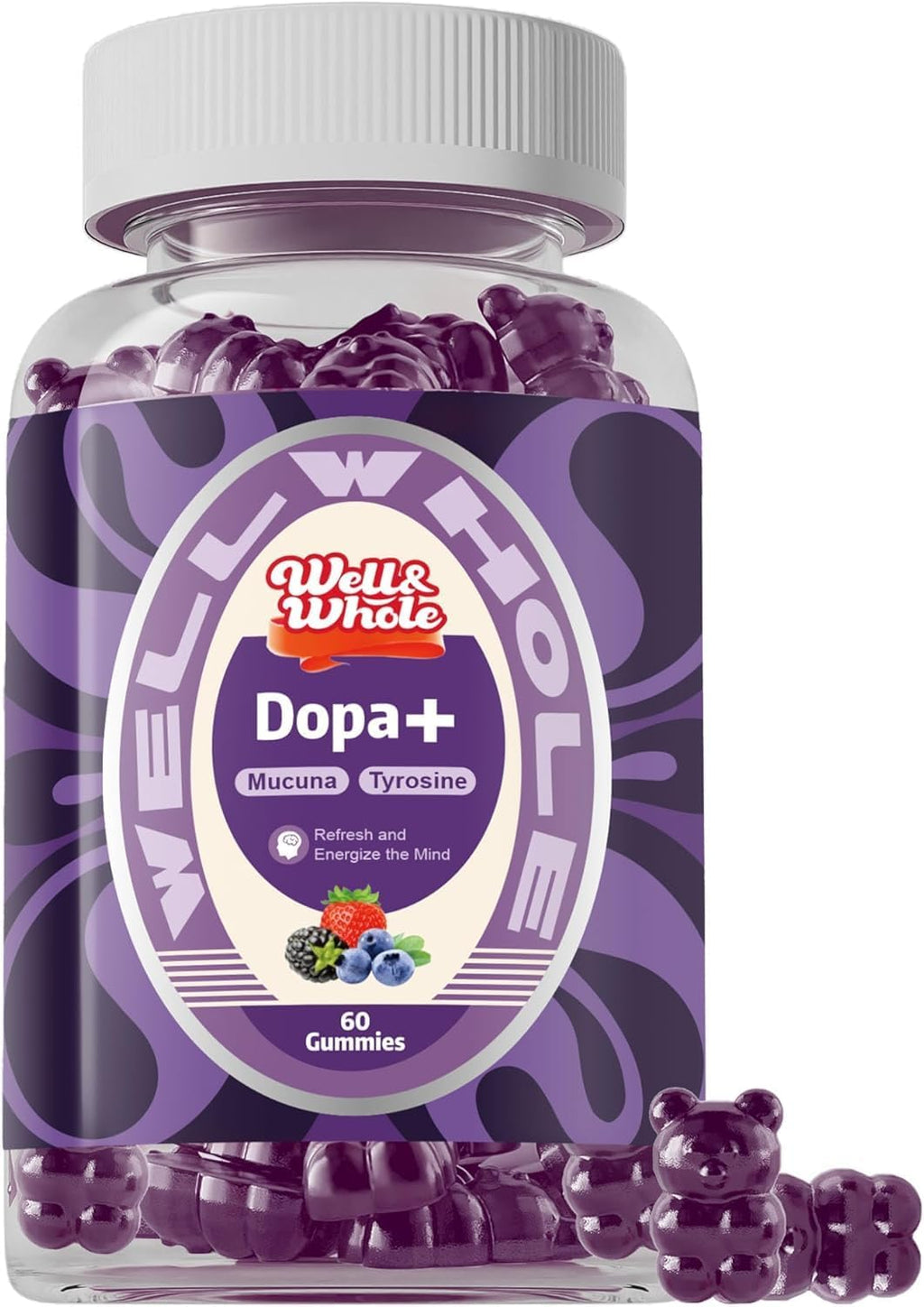 Well&Whole Gominolas Dopamine - Mucuna Pruriens 500mg, L-Tirosina 200mg y Ashwagandha, Apoyo al Estado de Ánimo y Concentración, Sabor a Bayas, Sin Gluten, 60 Gominolas