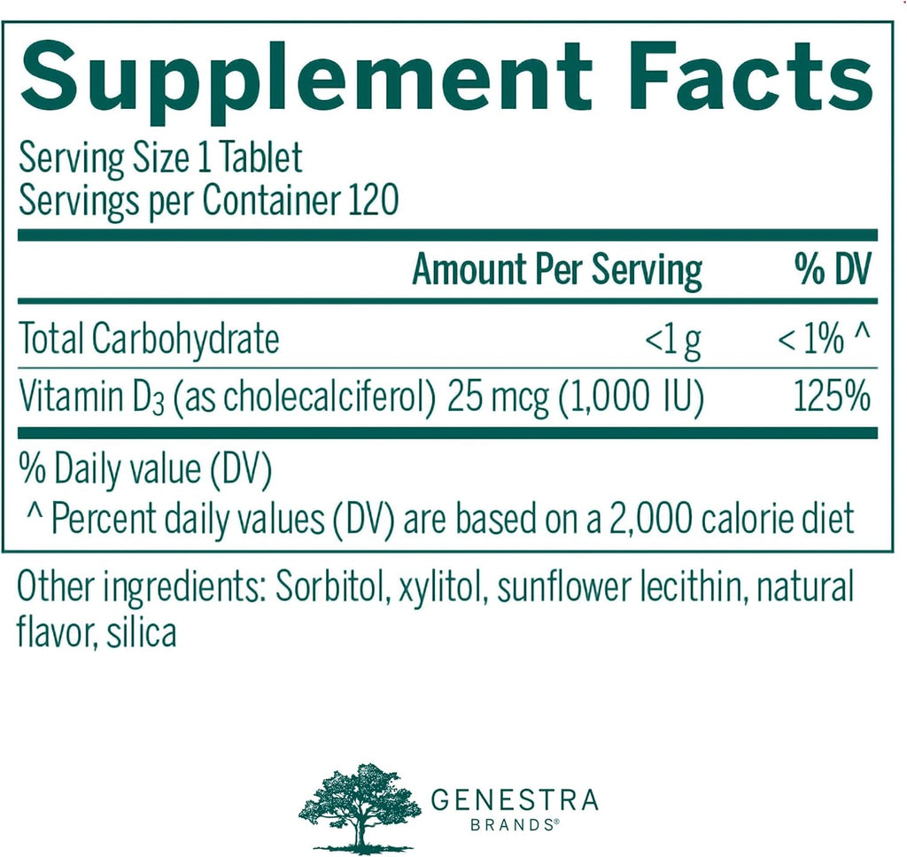 Genestra Brands D3 1000 Chewable | 120 Tablets | Natural Blackcurrant Flavor