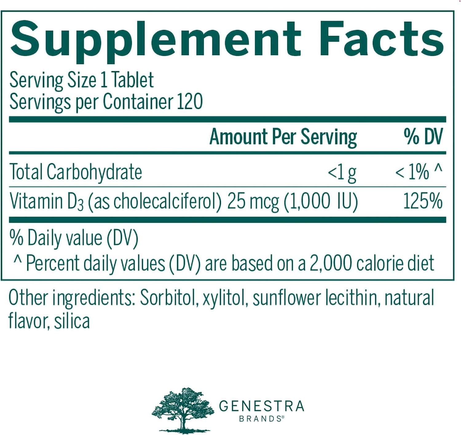 Genestra Brands D3 1000 Chewable | 120 Tablets | Natural Blackcurrant Flavor