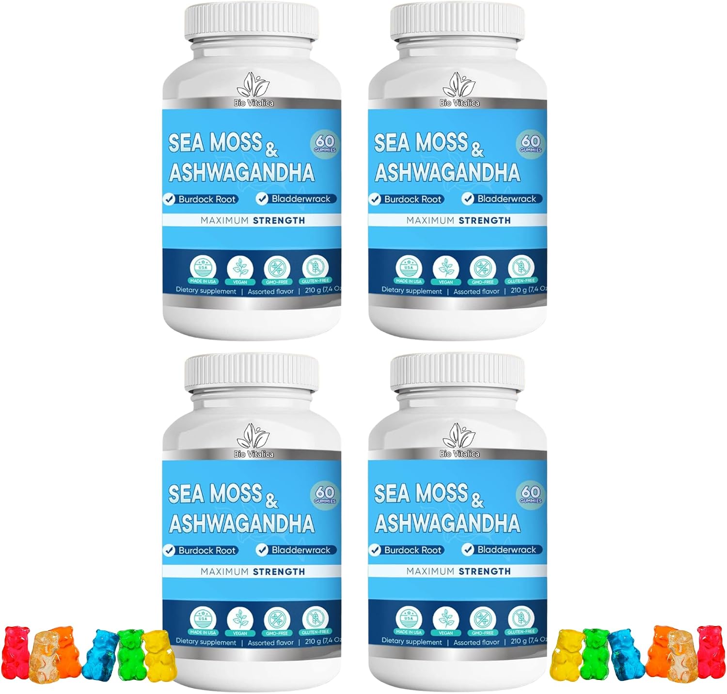 Gominolas Orgánicas de Sea Moss y Ashwagandha con Bardana y Bladderwrack - 60 Unidades Veganas