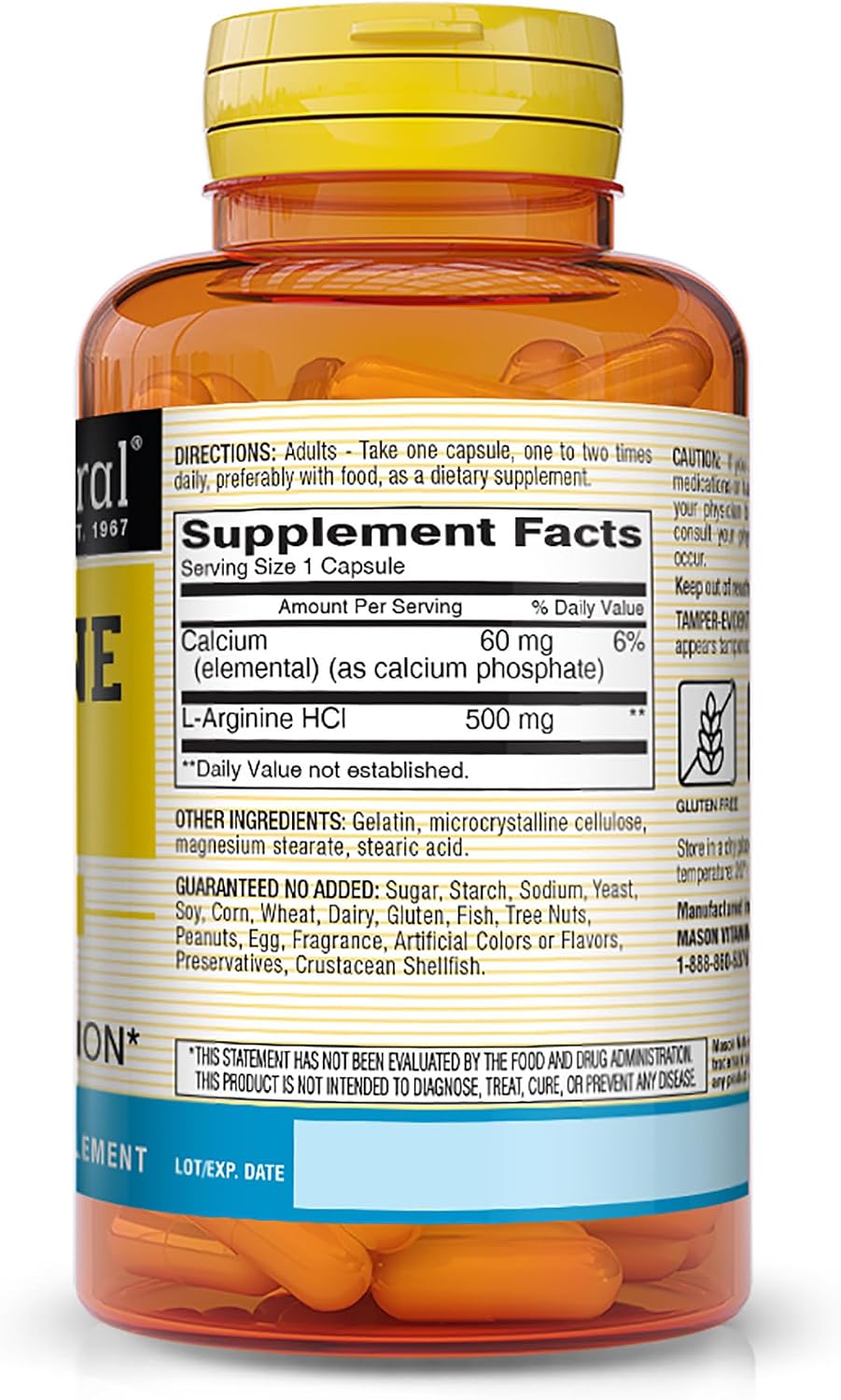 MASON NATURAL L-Arginina 500 mg con Calcio, 60 Cápsulas