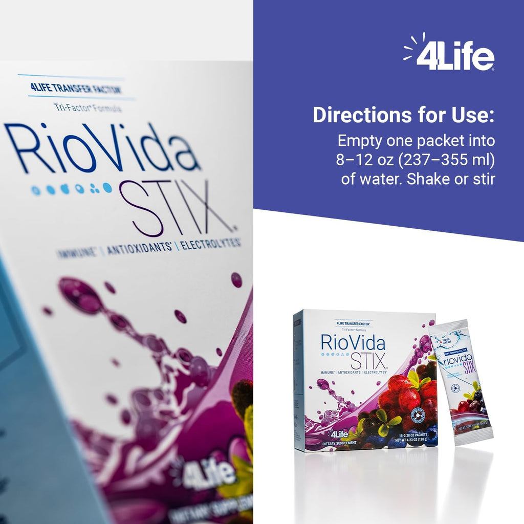 4Life RioVida Stix Superfruit Blend for Immune System, 15 Packets | Acai, Blueberry, Elderberry, Grape, Pomegranate, Electrolytes