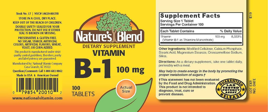 Nature's Blend - Vitamina B1 100 mg, 100 Comprimidos