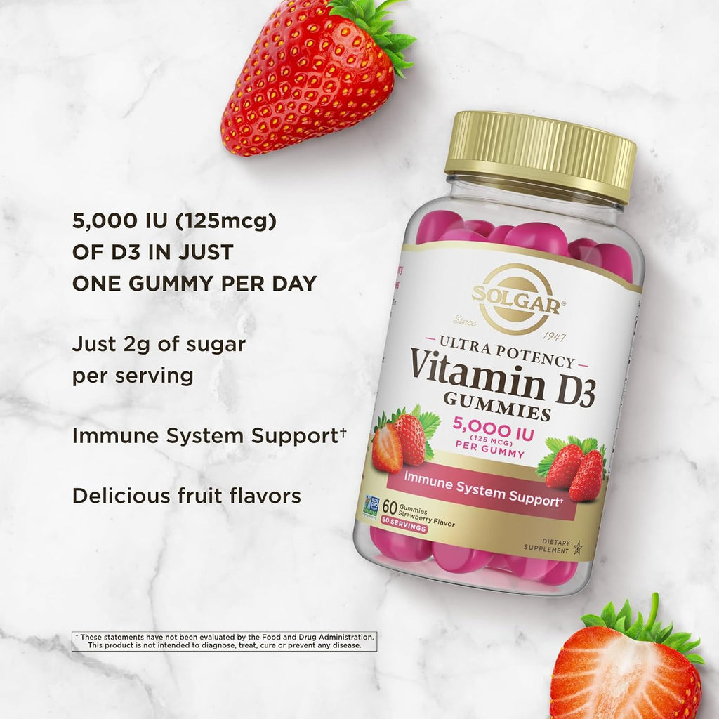 Solgar Vitamin D3 Gominolas para Adultos 5000 UI - Sabor Fresa - 60 Gominolas