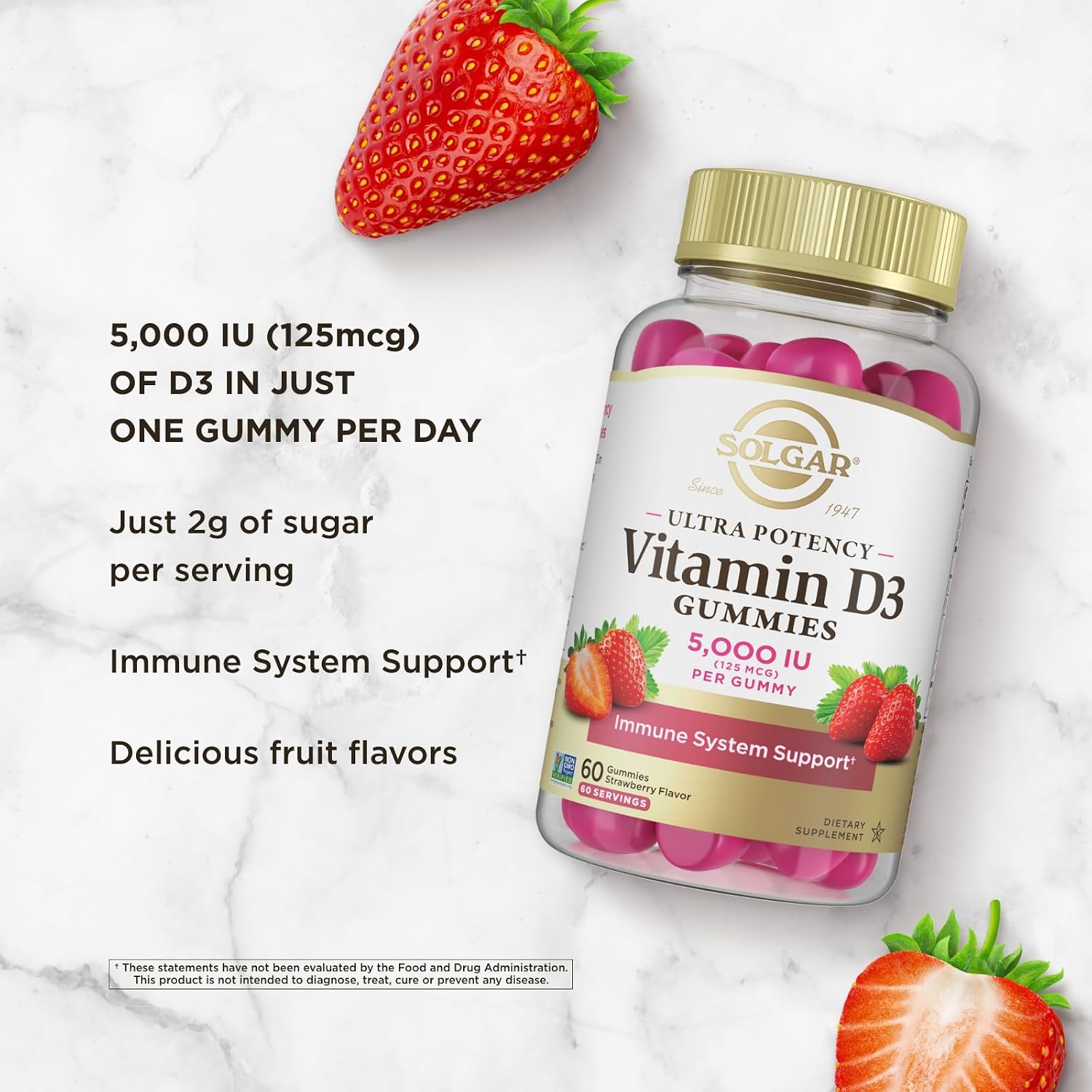 Solgar Vitamin D3 Gominolas para Adultos 5000 UI - Sabor Fresa - 60 Gominolas