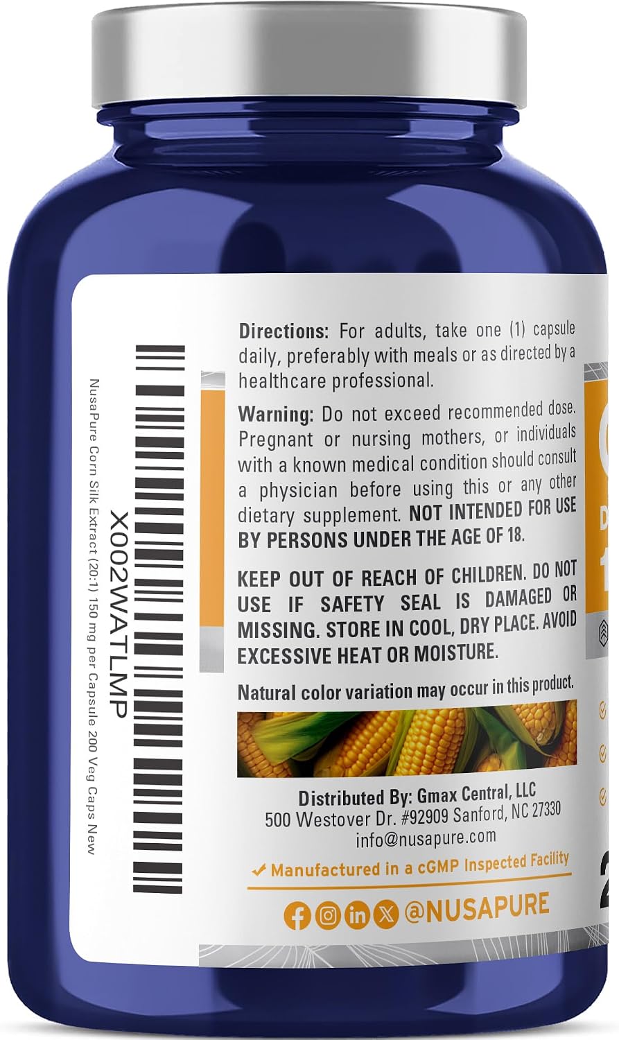 NusaPure Cápsulas de Seda de Maíz, 150 mg, 200 Cápsulas Veganas (No OGM, Vegano)