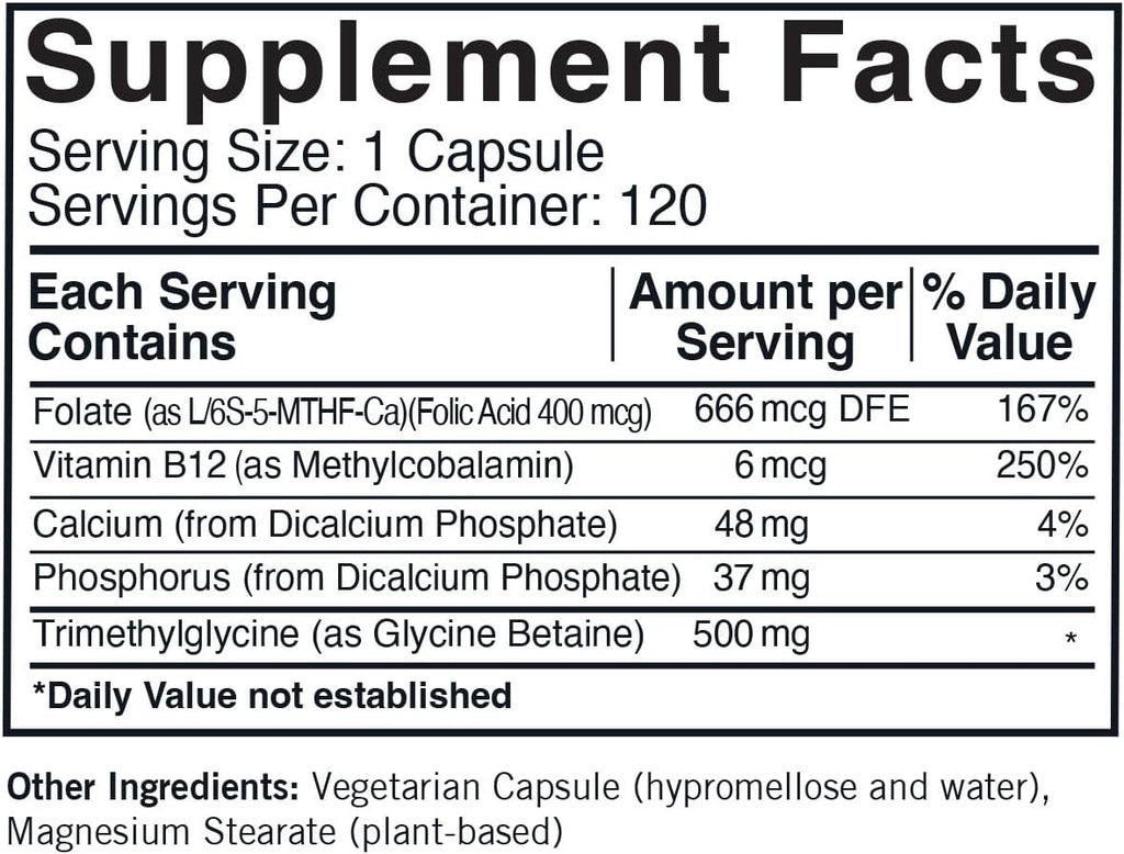 TMG (Trimethylglycine) 500 mg con Ácido Folínico y B12 - Hipoalergénico, 120 Cápsulas