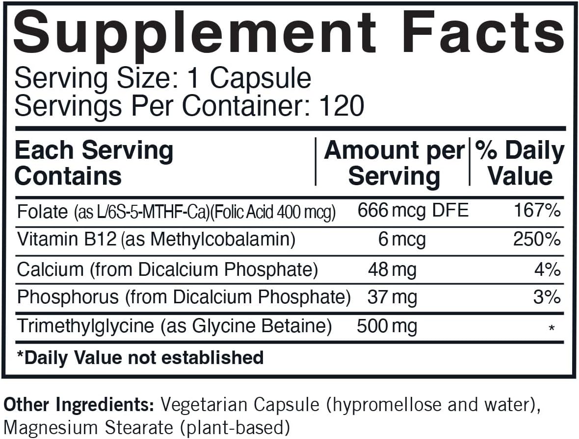 TMG (Trimethylglycine) 500 mg con Ácido Folínico y B12 - Hipoalergénico, 120 Cápsulas