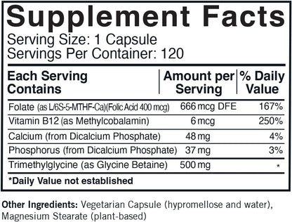 TMG (Trimethylglycine) 500 mg con Ácido Folínico y B12 - Hipoalergénico, 120 Cápsulas – Image 2