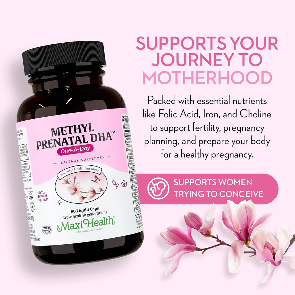 Maxi Health Methyl Prenatal DHA - Vitaminas Prenatales con DHA y Ácido Fólico - 60 Cápsulas Blandas