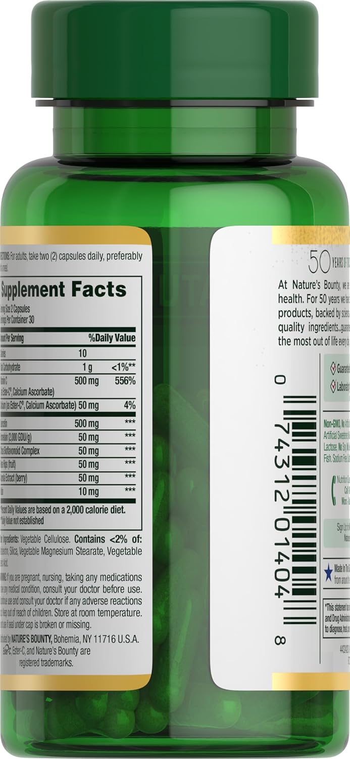 Nature's Bounty Quercetin 500 mg con Vitamina C, Escaramujo y Rutina, 60 comprimidos