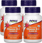 NOW Foods Vitamina D3 5.000 UI, 240 Cápsulas Blandas (Pack de 4)