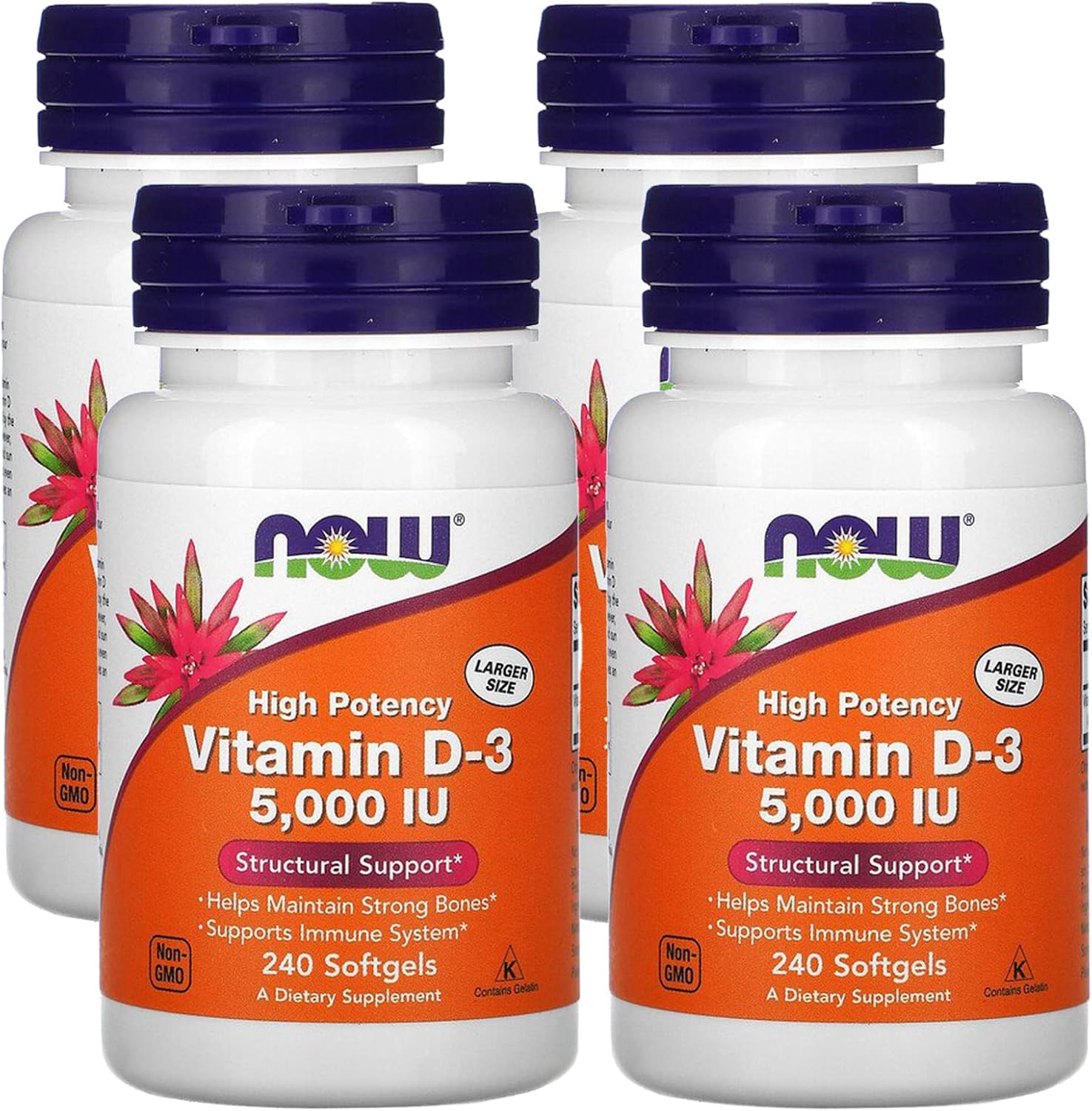 NOW Foods Vitamina D3 5.000 UI, 240 Cápsulas Blandas (Pack de 4)