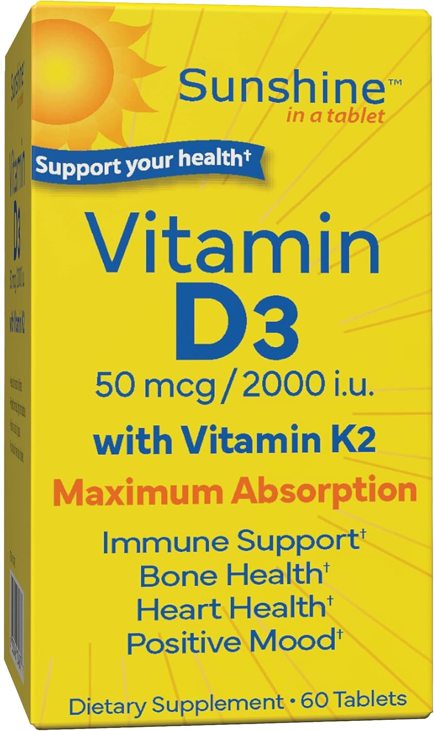 Sunshine Vitamina D3 con Vitamina K2, 2000 UI D3 + 100 mcg K2, 60 Comprimidos