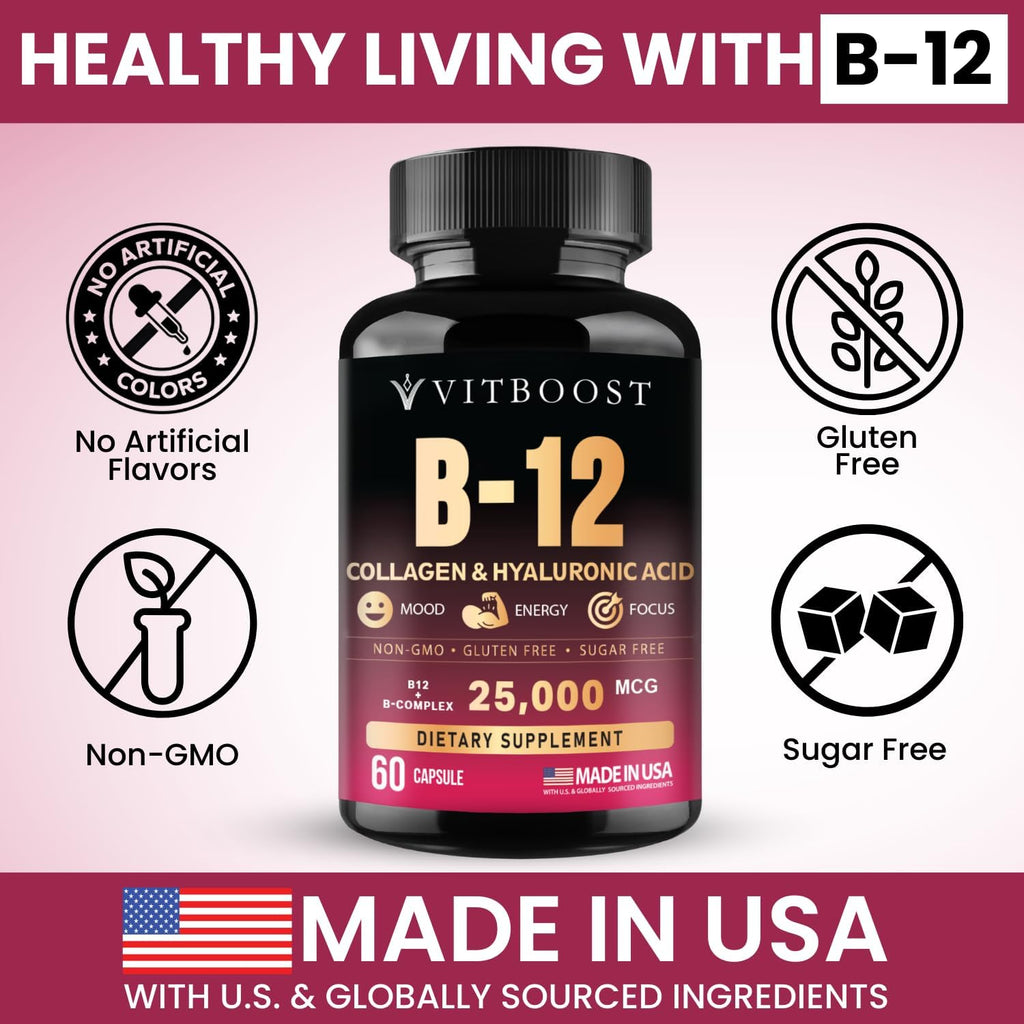 Complejo de Vitamina B12 con Ácido Hialurónico, Colágeno y Folato – 25000 mcg (5000 mcg Metilcobalamina) – 60 Cápsulas