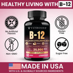 Complejo de Vitamina B12 con Ácido Hialurónico, Colágeno y Folato – 25000 mcg (5000 mcg Metilcobalamina) – 60 Cápsulas