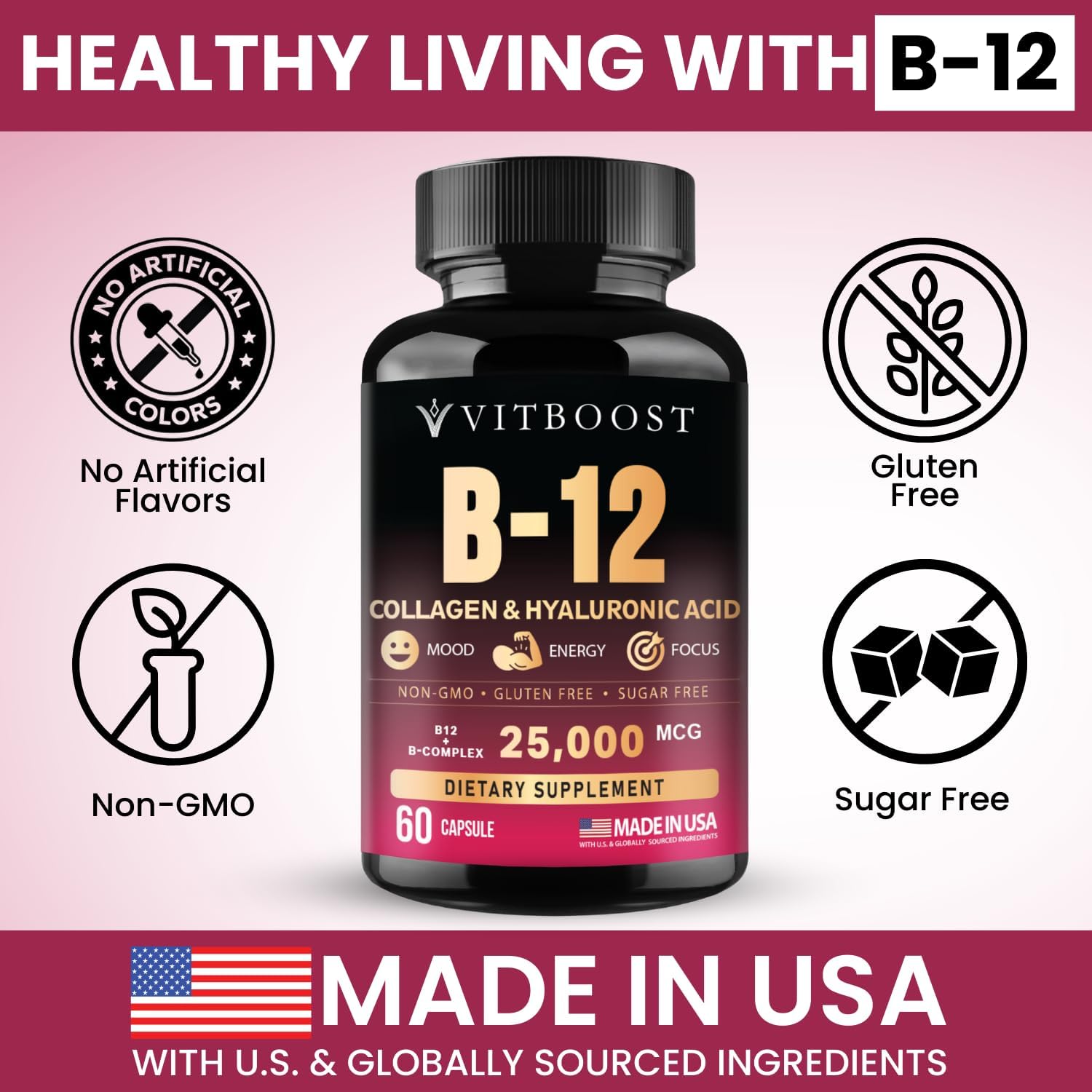 Complejo de Vitamina B12 con Ácido Hialurónico, Colágeno y Folato – 25000 mcg (5000 mcg Metilcobalamina) – 60 Cápsulas