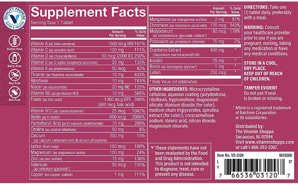 Once Daily Women's Multivitamin con Vitamina D3 y Minerales, Sin Hierro – 180 Comprimidos
