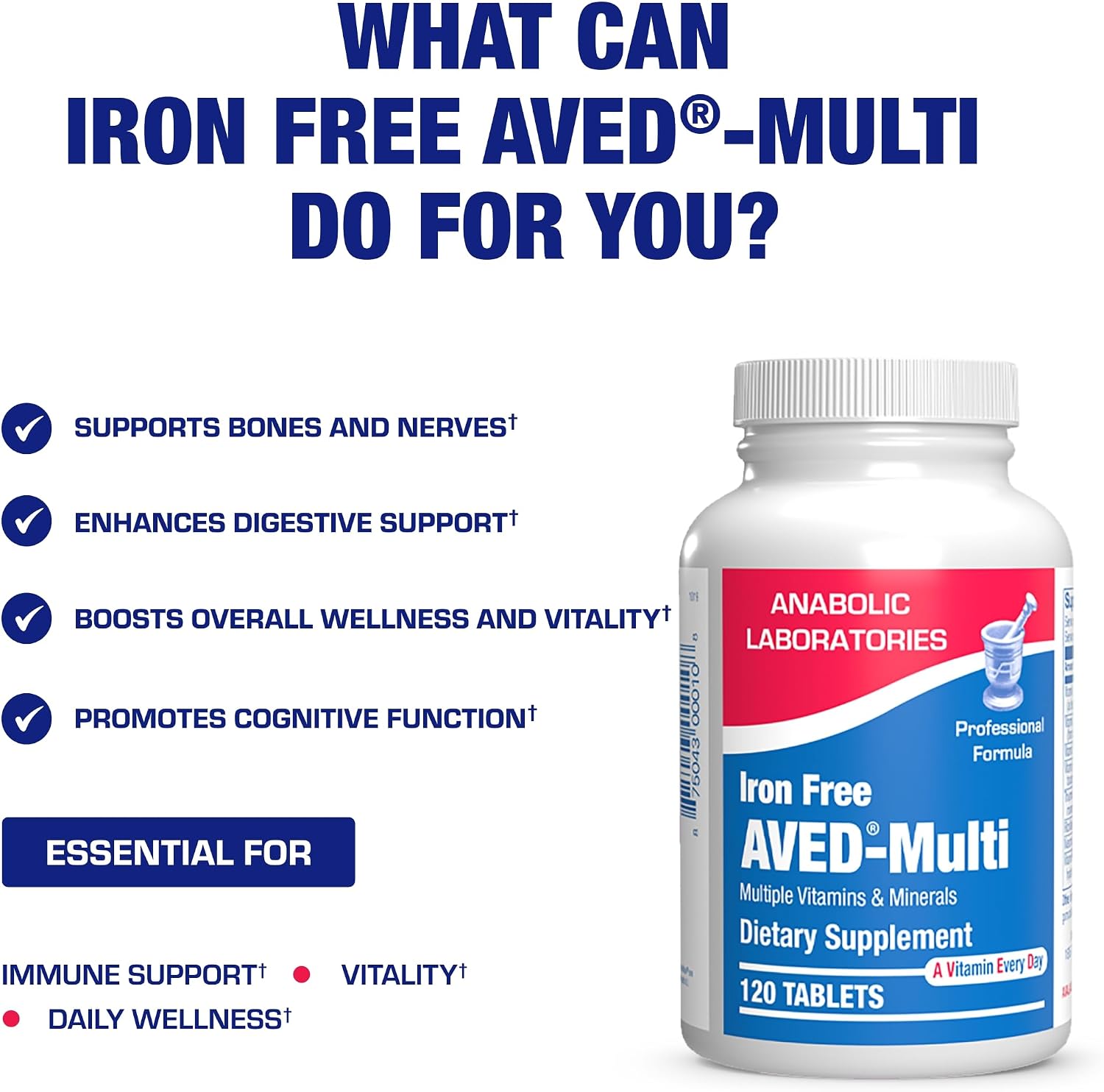 AVED Iron Free Daily Multivitamin – Multivitamínico sin hierro para hombres y mujeres, 120 comprimidos