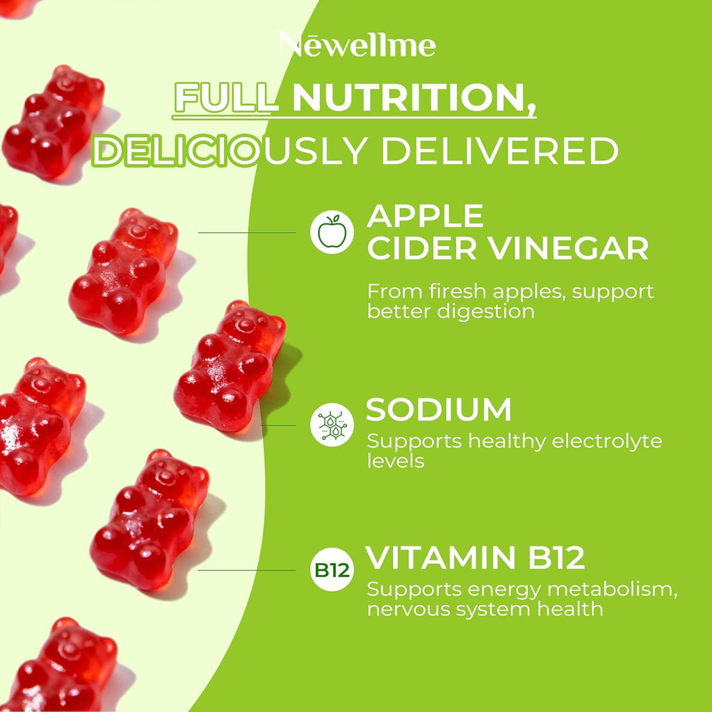 NEWELLME Gomitas de Vinagre de Manzana con The Mother y Vitamina B12 – Sin Azúcar, Veganas, 90 Unidades