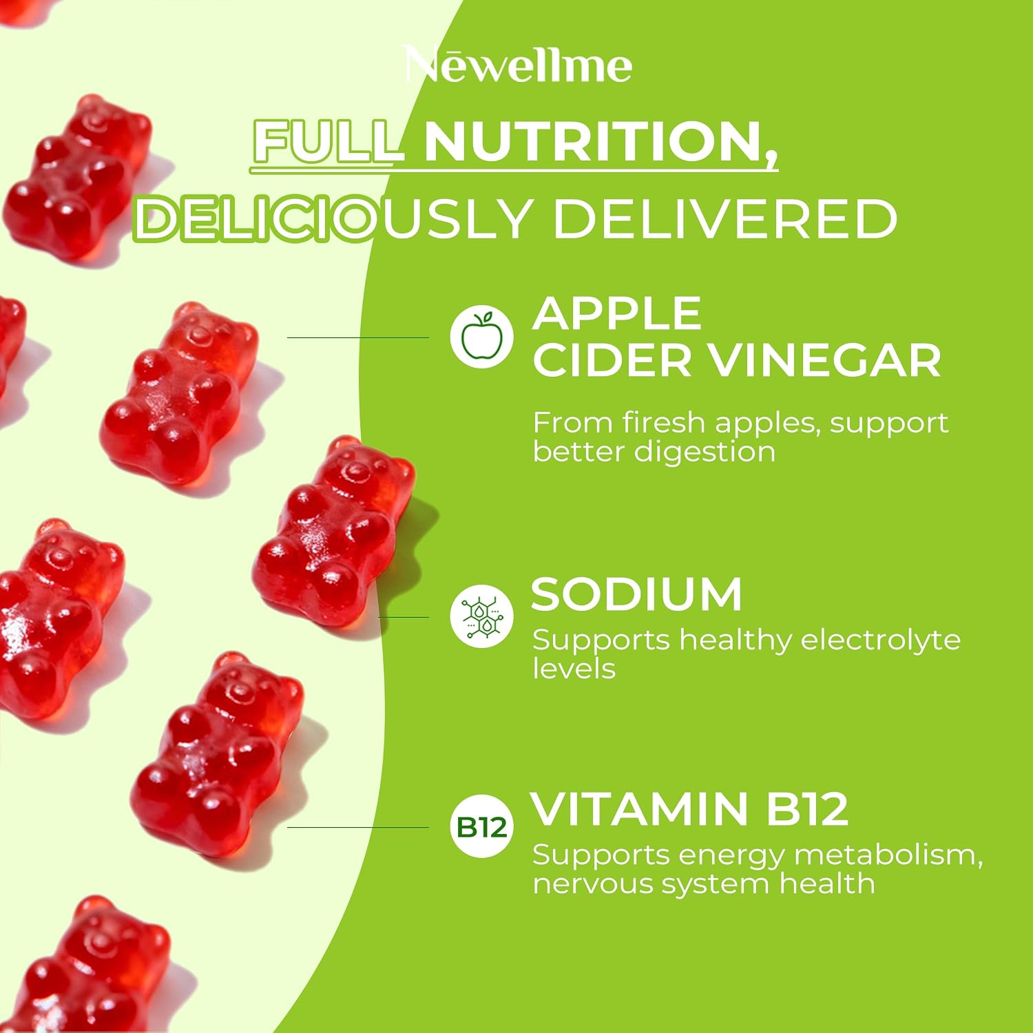NEWELLME Gominolas de Vinagre de Manzana con la Madre y B12 – Sin Azúcar, Veganas, 120 uds