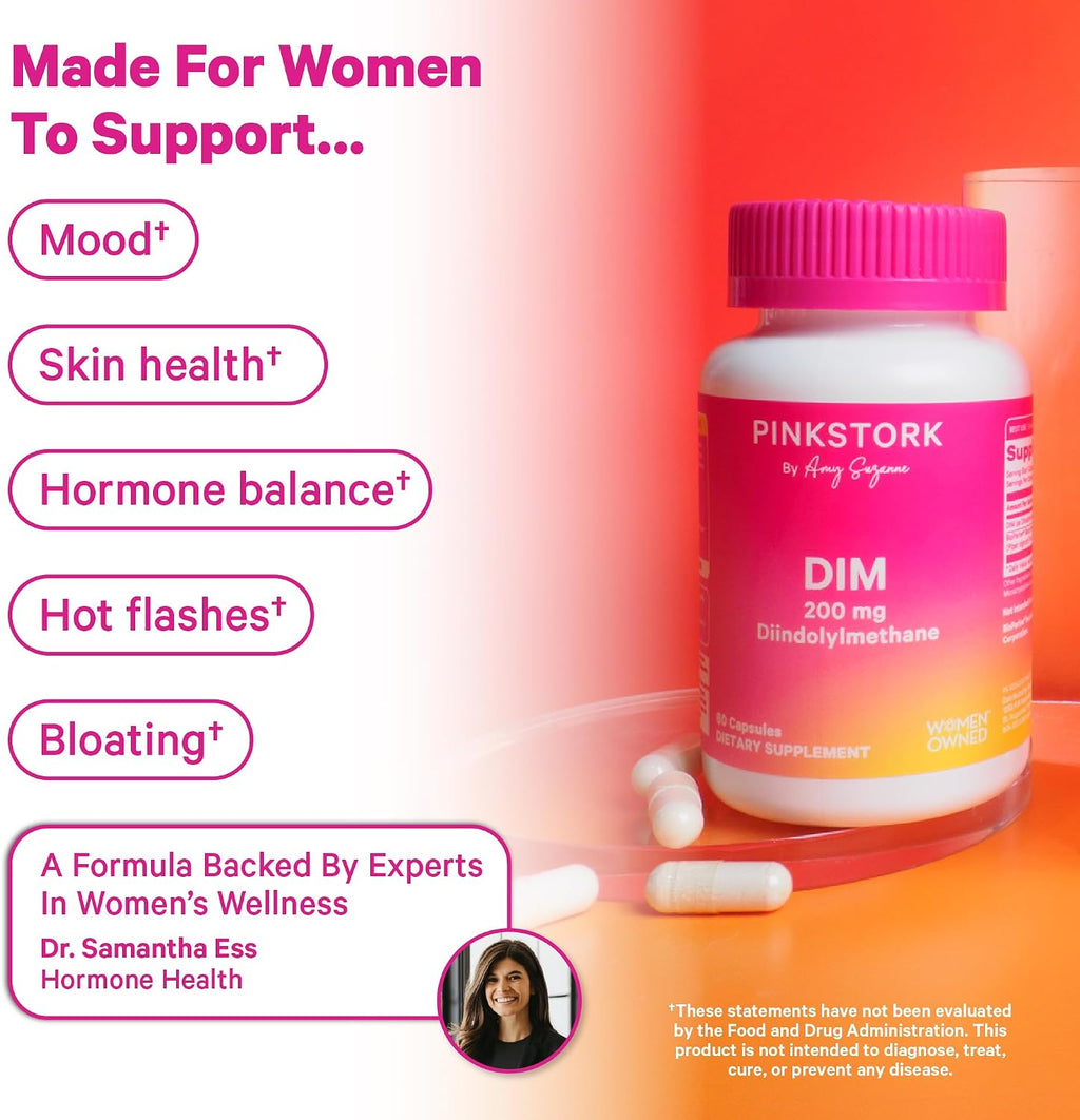 Pink Stork DIM para Mujeres – 60 Cápsulas con 200 mg DIM y Bioperina