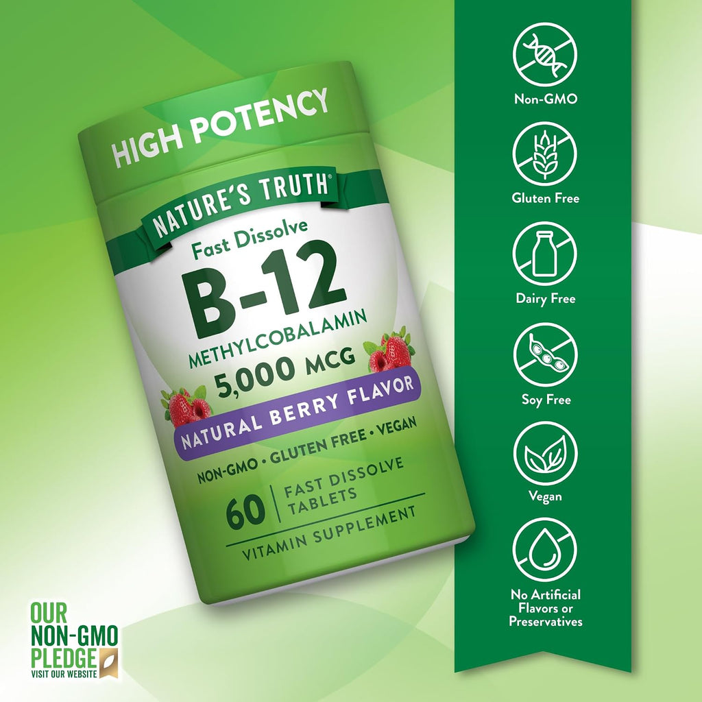 Nature's Truth Vitamina B12 5000 mcg Metilcobalamina - 60 Tabletas de Disolución Rápida Sabor Bayas - Vegano, Sin Gluten