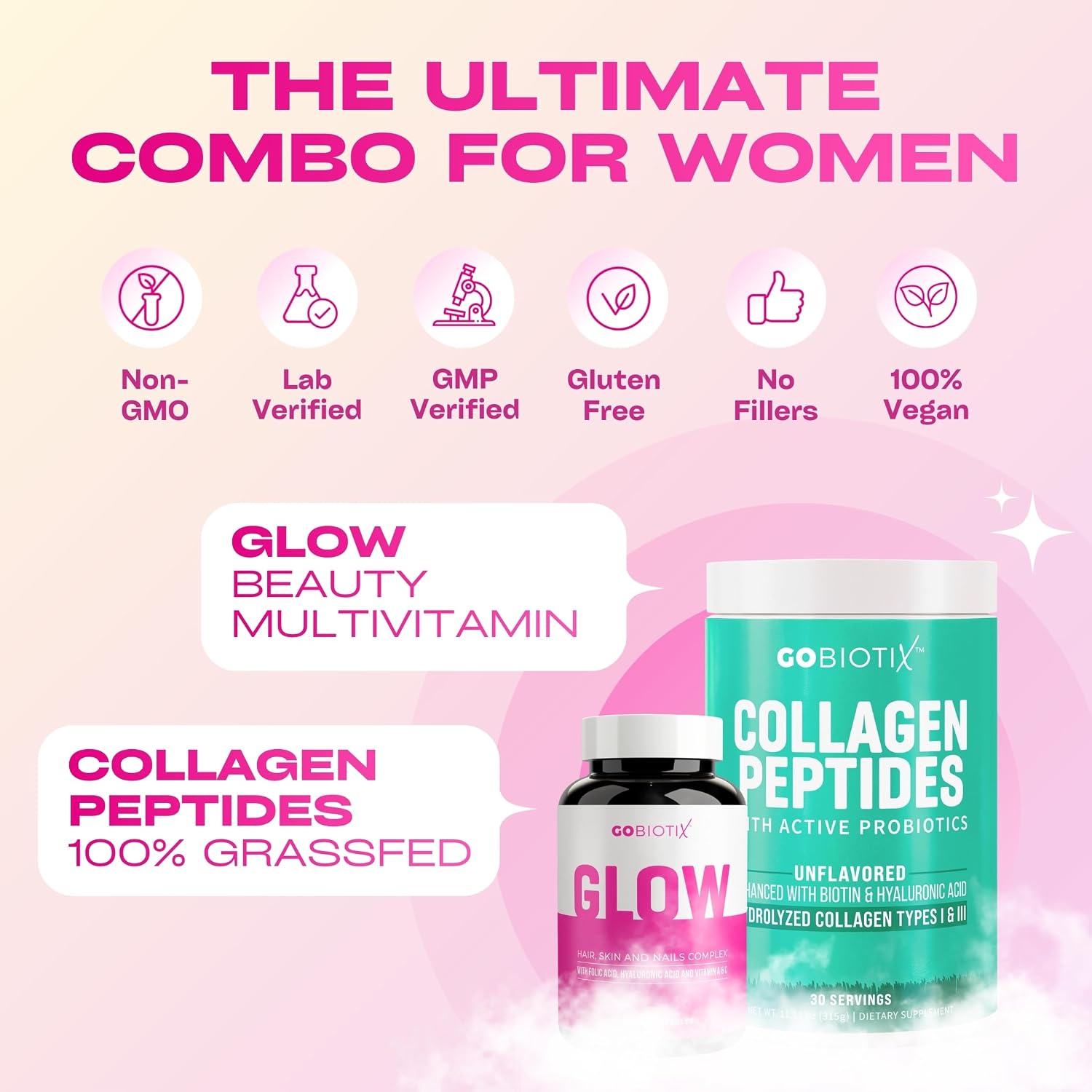 GOBIOTIX Vitaminas para Cabello, Piel y Uñas con Biotina 10.000 mcg, Ácido Hialurónico y MSM - 90 Cápsulas