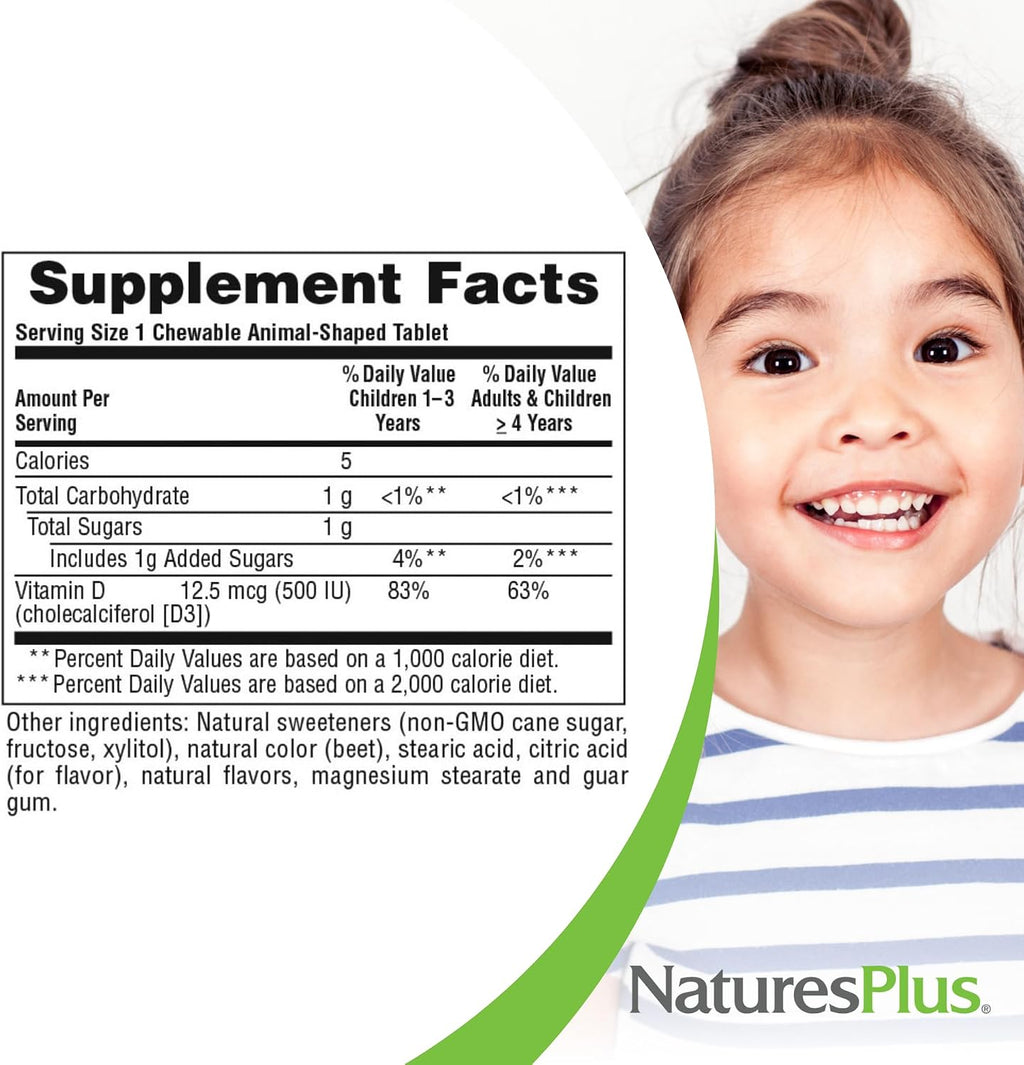 NaturesPlus Animal Parade Vitamina D3 para Niños - Comprimidos Masticables Sabor Cereza Negra - 90 Comprimidos (Pack de 2) - 180 Dosis Totales