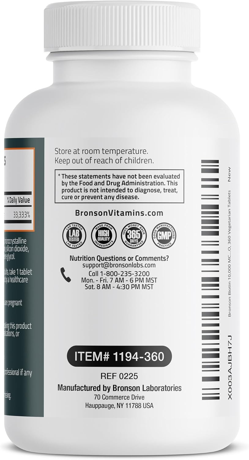 Bronson Biotina 10.000 mcg | 360 Comprimidos | Para el Mantenimiento del Cabello, Piel y Uñas | Vegetariano, No-GMO
