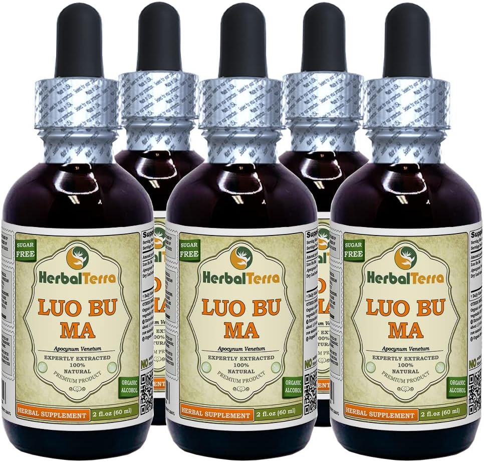 Luo Bu Ma (Apocynum Venetum) Glicerita sin Alcohol, Extracto Líquido de Hoja Seca - 5x60 ml