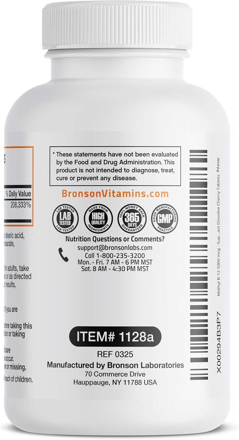 Bronson Methyl B12 5000 mcg - Metilcobalamina - 60 Comprimidos de disolución rápida