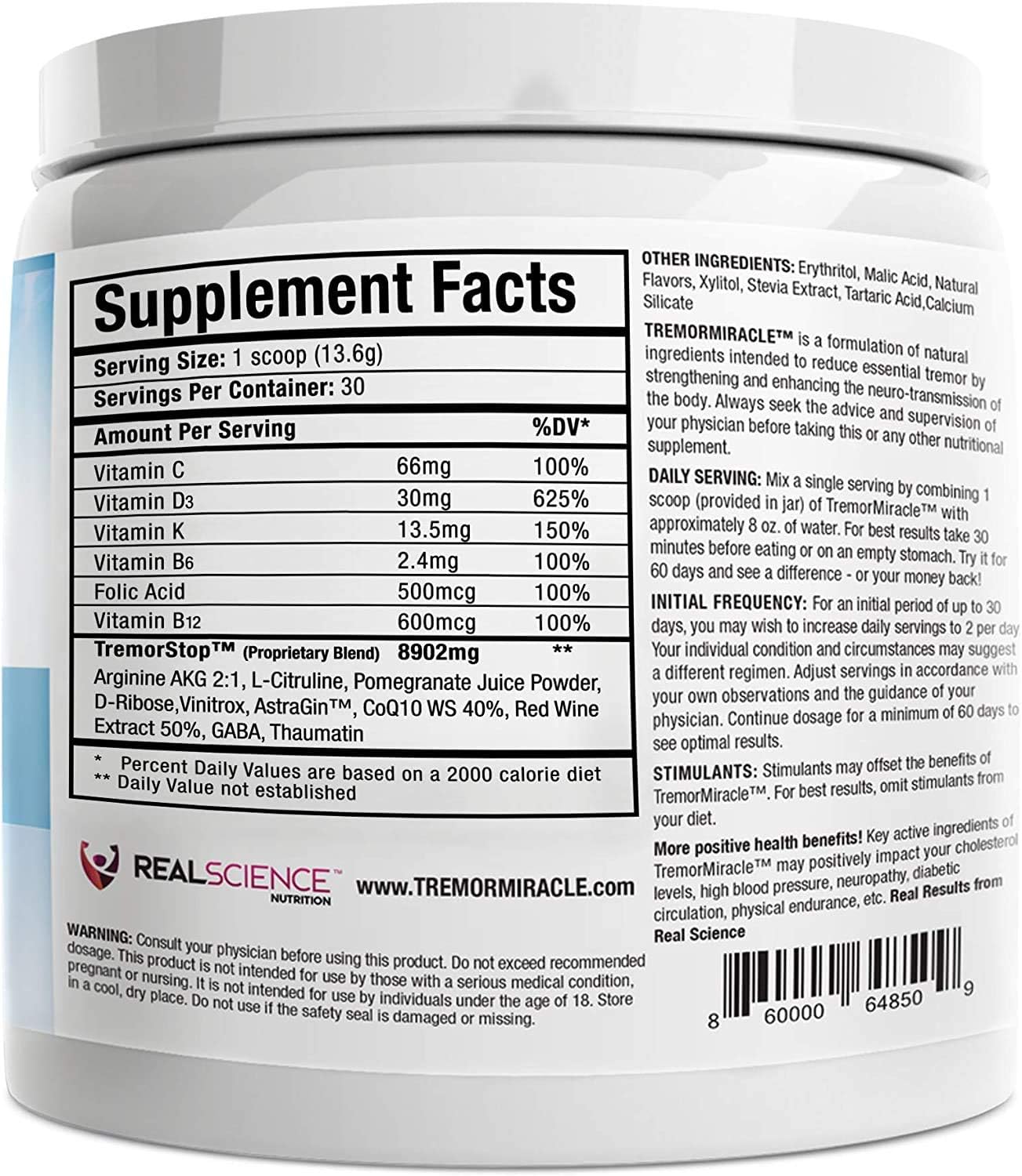 Tremor Miracle - Complemento Herbal en Polvo para Temblores Esenciales, Sabor Uva (381 g)