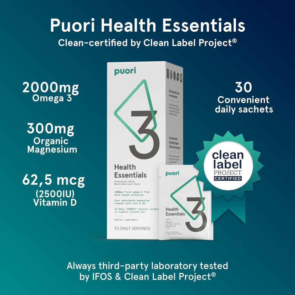 Puori P3 Health Essentials: Complejo de Magnesio, Zinc, Omega 3 y Vitamina D3 - Multivitamínico Diario para Hombres y Mujeres - 30 Sobres