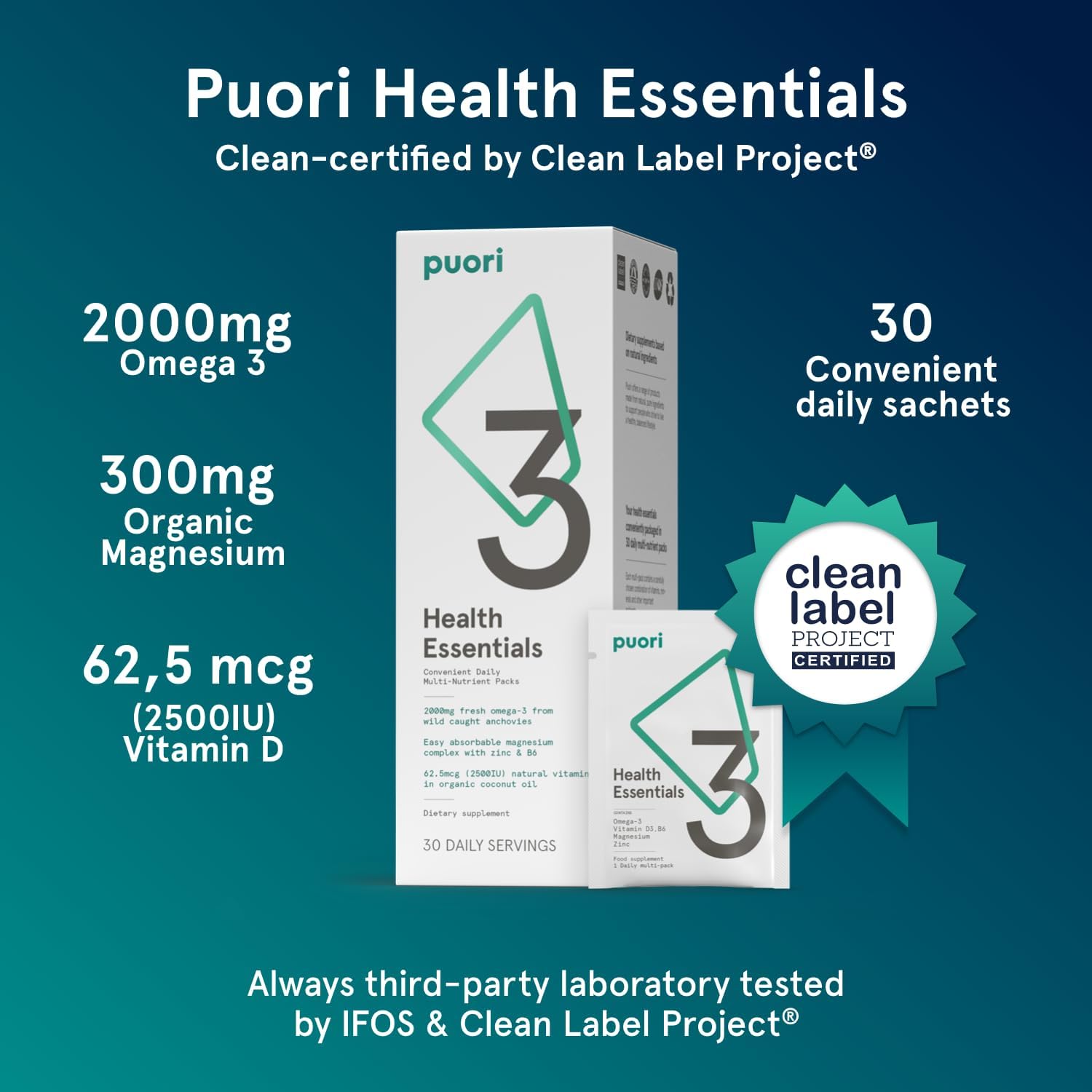 Puori P3 Health Essentials: Complejo de Magnesio, Zinc, Omega 3 y Vitamina D3 - Multivitamínico Diario para Hombres y Mujeres - 30 Sobres