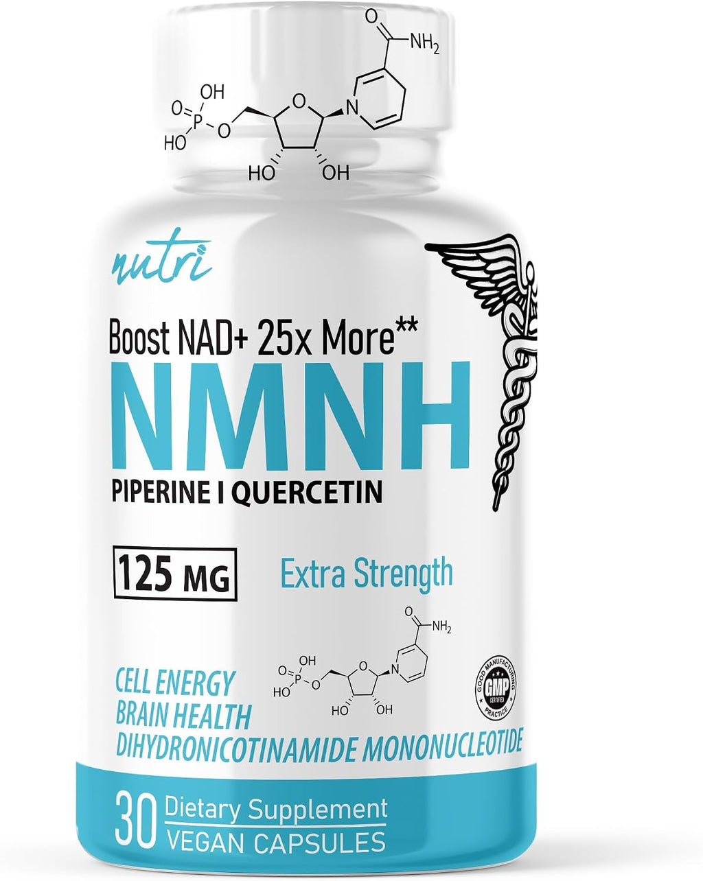 Nutri NMNH 125 mg - Suplemento con Piperina y Quercetina Phytosome - 30 Cápsulas