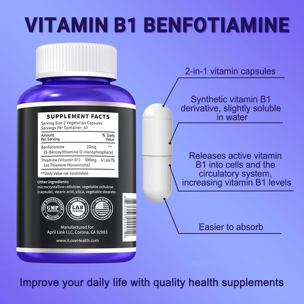 Vitamin B1 500mg con Benfotiamina 20mg, 120 Cápsulas – Complejo B-1 2 en 1