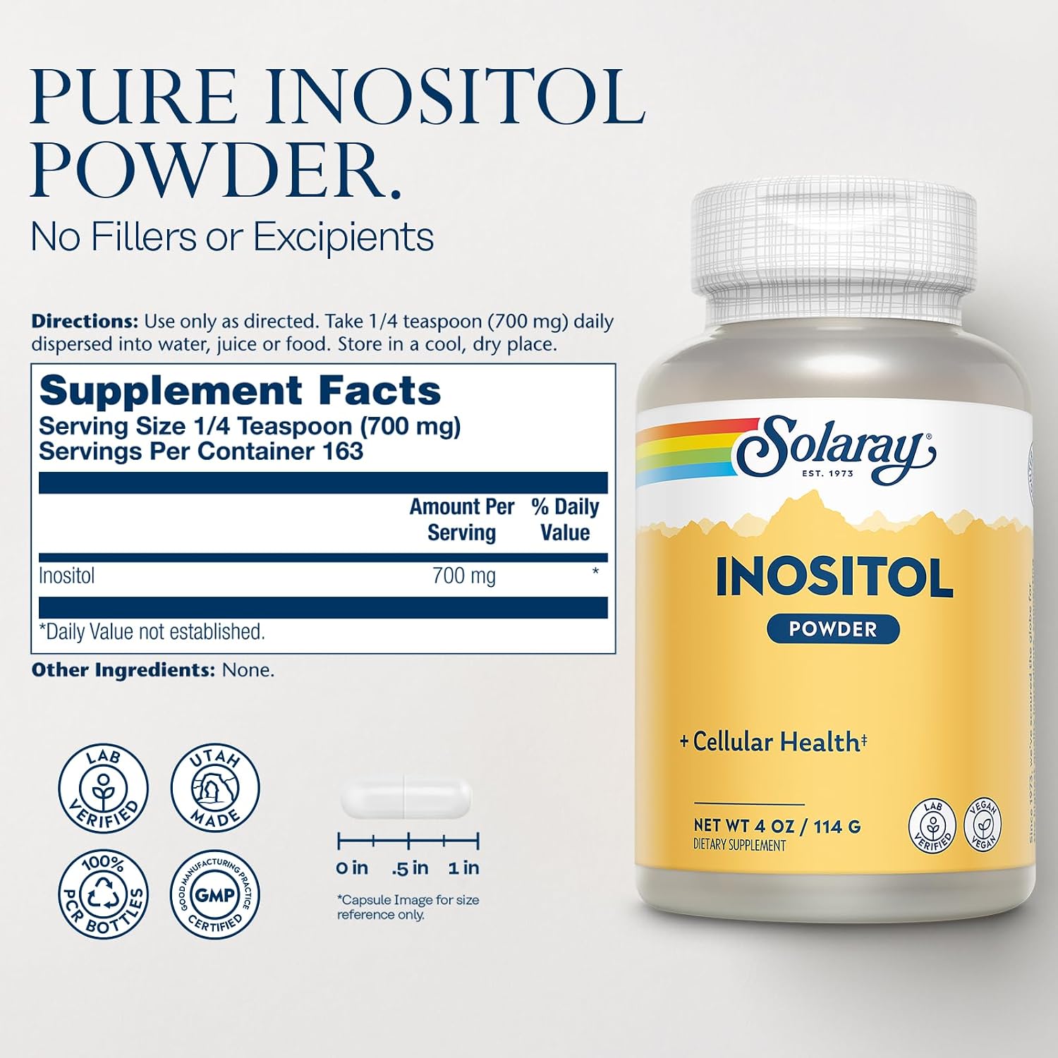 Solaray Inositol Puro en Polvo - 700 mg por Dosis - 4 oz (113 g) - 163 Porciones - Vegano y Verificado en Laboratorio