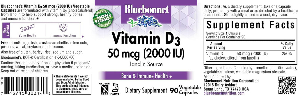 Bluebonnet Vitamina D3 2000 UI, 90 Cápsulas Vegetales