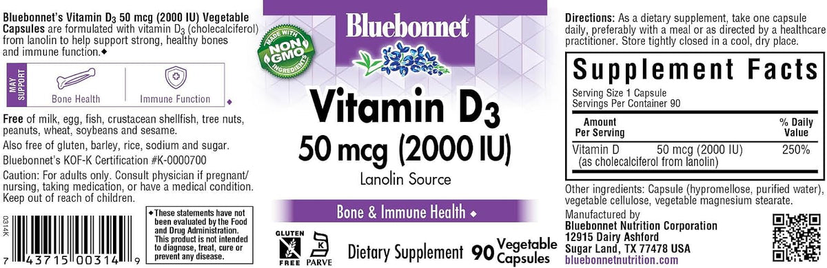 Bluebonnet Vitamina D3 2000 UI, 90 Cápsulas – Mantenimiento de los huesos: Ayuda a mantener los huesos en – Image 2
