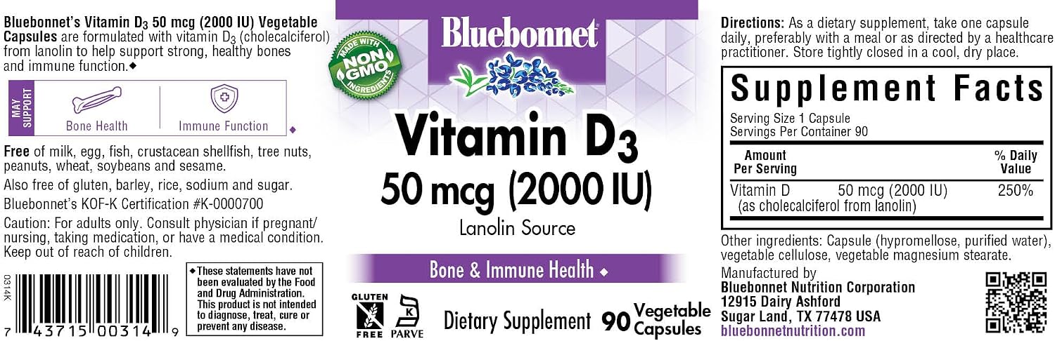 Bluebonnet Vitamina D3 2000 UI, 90 Cápsulas Vegetales