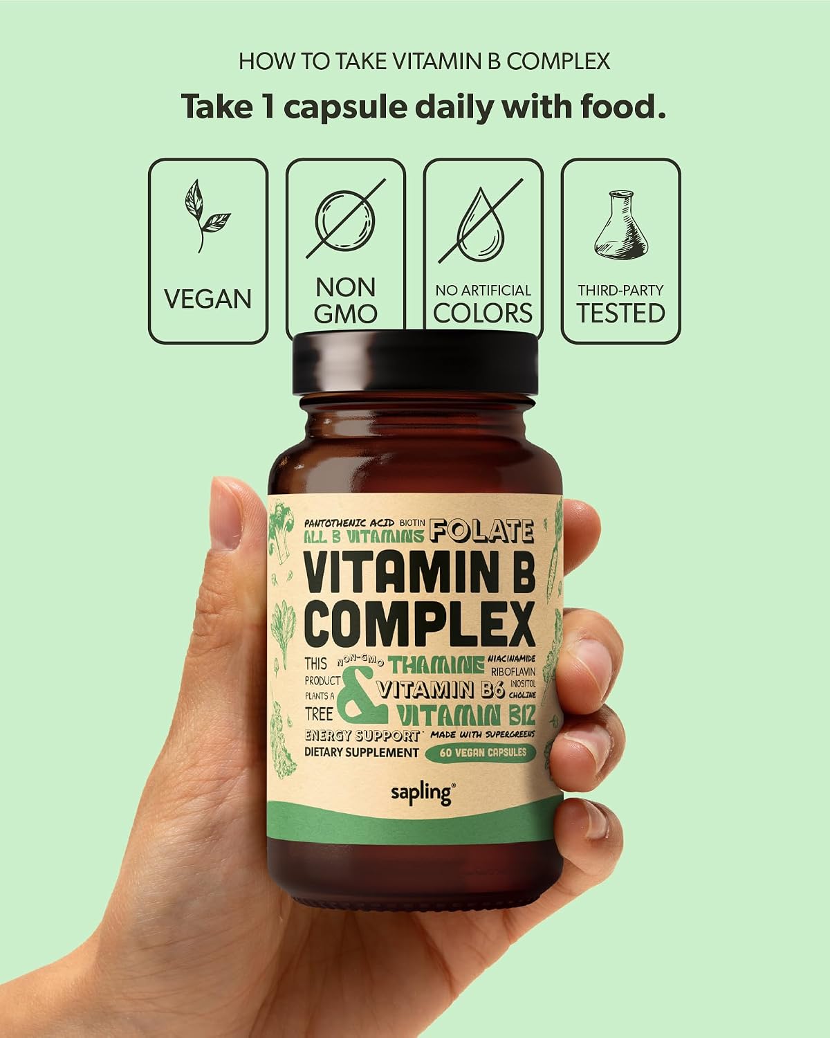 Sapling Complejo B Vegano - Mezcla de Alimentos Integrales con Vitaminas B1, B2, B3, B5, B6, B7, Folato, B12 - 60 Cápsulas