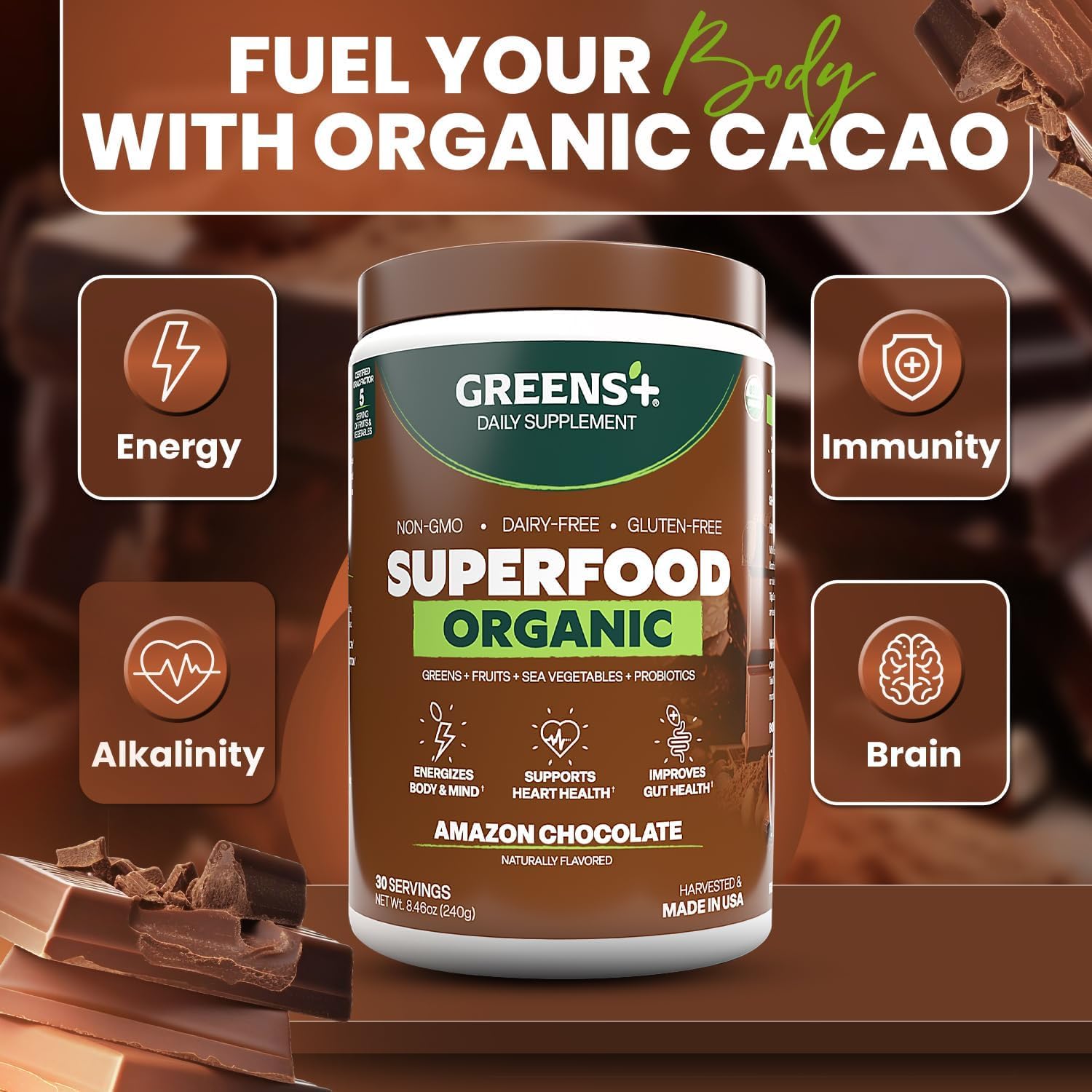 Greens+ Plus Superalimento Orgánico Chocolate Amazon