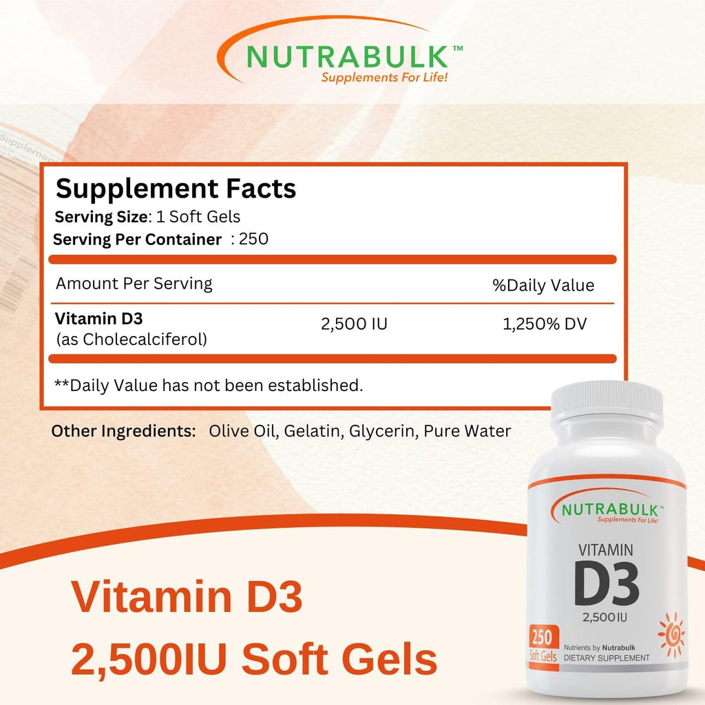 NutraBulk Vitamina D3 2500 UI - 250 Cápsulas Blandas - Alta Potencia - No-GMO, Sin Gluten, Hecho en EE.UU.
