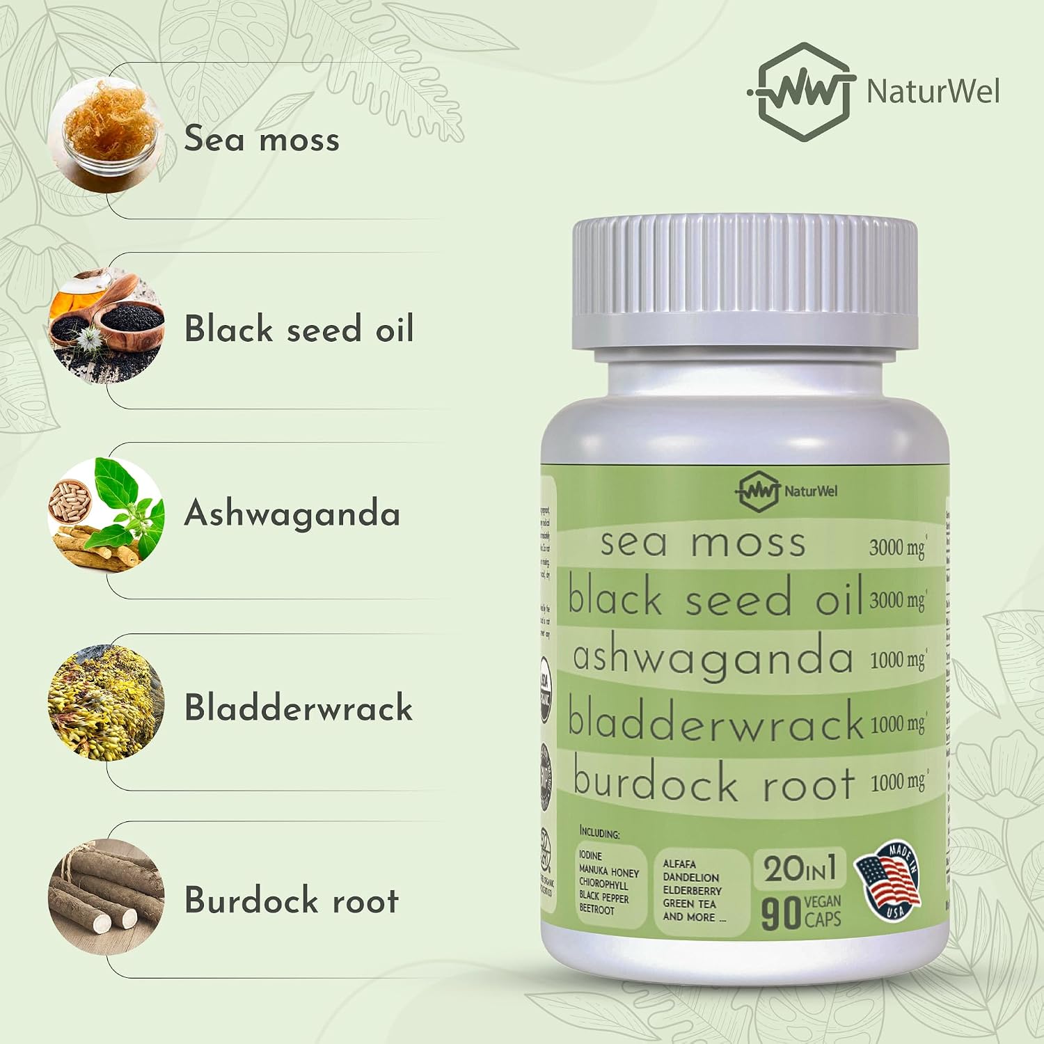 NaturMinerals Complejo 20-en-1 con Aceite de Semilla Negra, Musgo Marino, Ashwagandha y Cúrcuma - 90 Cápsulas Veganas