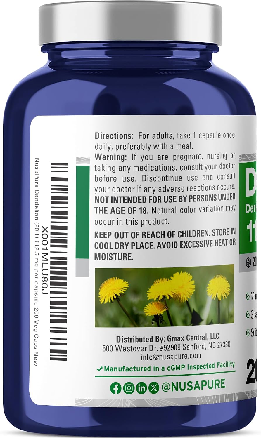 Cápsulas de Raíz de Diente de León, 112,5 mg, 200 Cápsulas Veganas - NusaPure